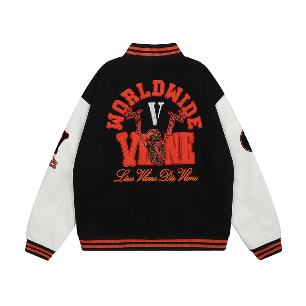 

Faionable Autumn Winter Baseball Jaet with Embroidered Skull And Color Blo Wool PU Leather Sve Street Sle Outerwear