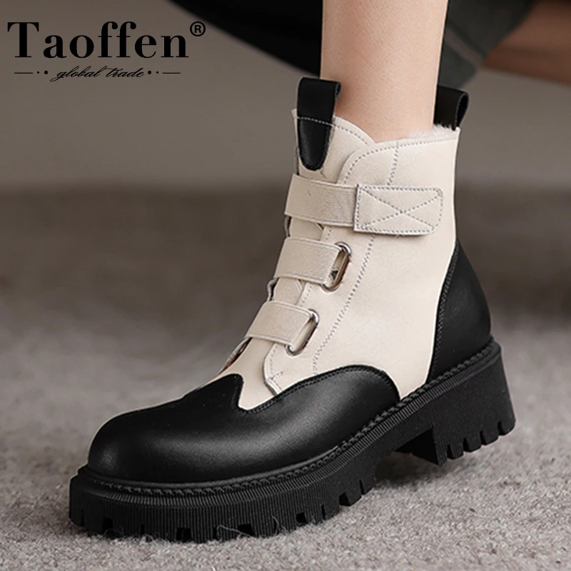 

Taoffen Woman Short Boots Real Leather Plush Mix Color Winter Shoes For Woman Fashion Ankle Boots Female Footwear Size 34-40