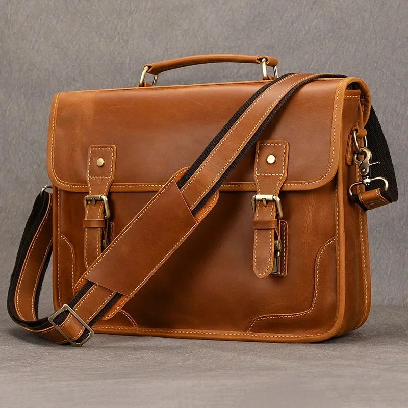 New Designer Leather Laptop Briefcase Genuine Men's Computer Bag Working Handbags Tote Man Male 14 Inch Shoulder