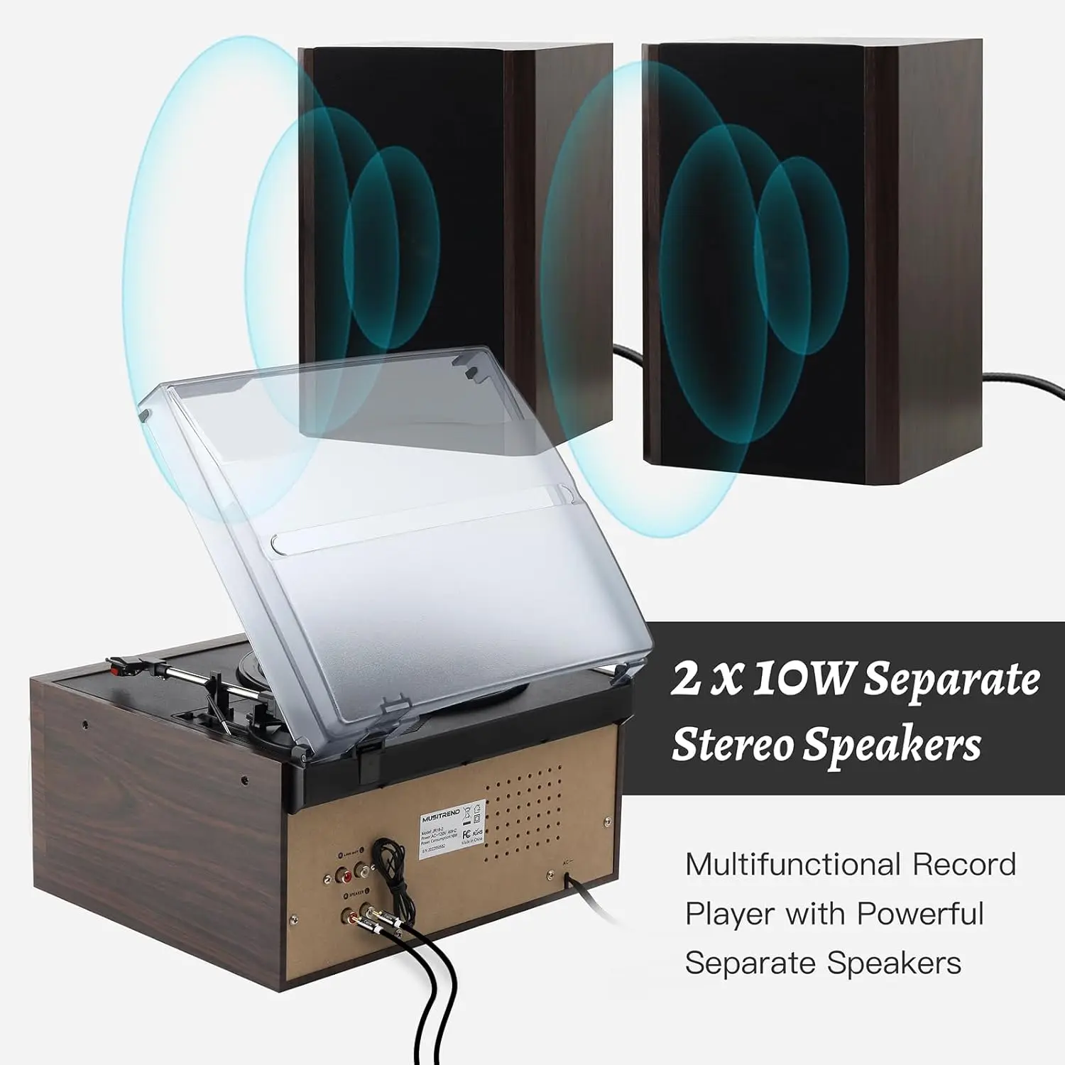 مشغل تسجيل 10 في 1 مع مكبرات صوت خارجية، مشغل فينيل دوار بلوتوث 3 سرعات مع مشغل أقراص مضغوطة/كاسيت، راديو AM/FM، عرض ساخن