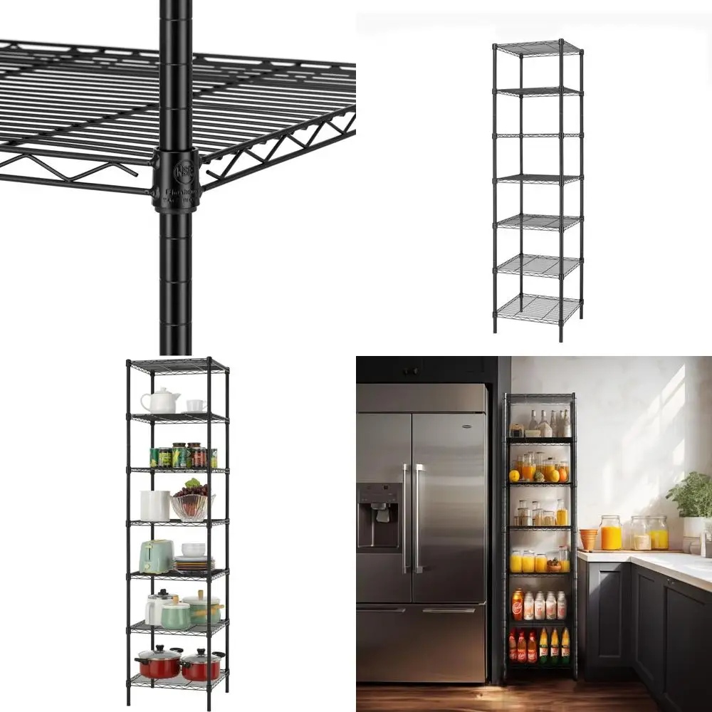 

7-ярусный прочный металлический стеллаж, 18x18x72 дюйма, из толстой стали, регулируемый, черный, сертифицирован NS