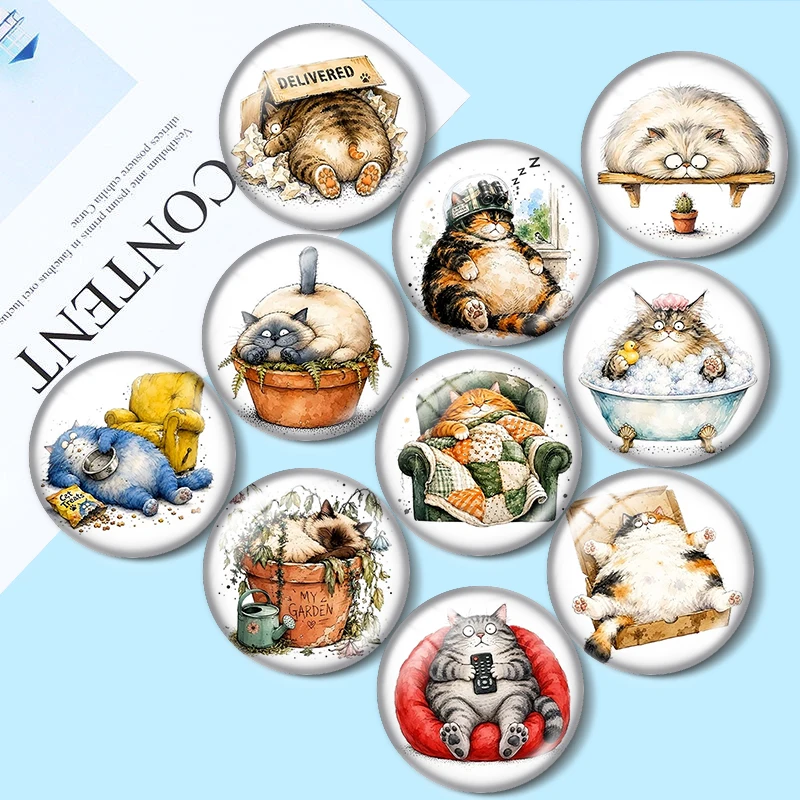 Watercolor Lazy Cats 12/18/20/25mm glass cabochon  bracelet pendant rings for jewelry demo earrings back Making findings