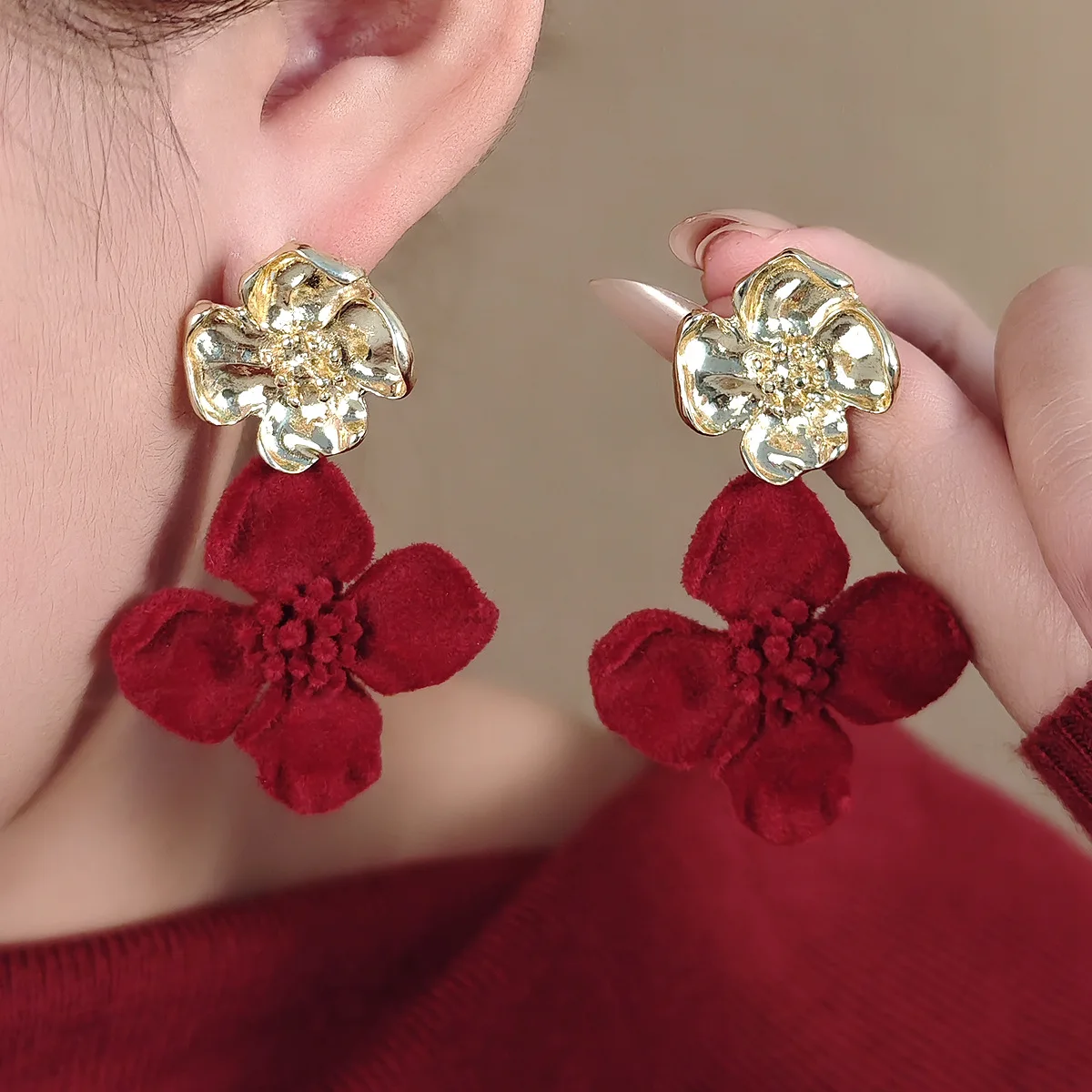 Plush Flower Earrings Women Piercing Long Hanging Earrings Red Jewelry Accessories New Year's Gift For Friends