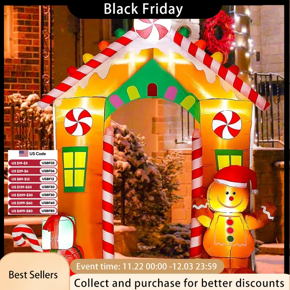 Christmas Santa 10FT Yard Decorations, Lighted Archway with Gingerbread Man Party, Lawn, New Year  Archway Christmas Inflatables