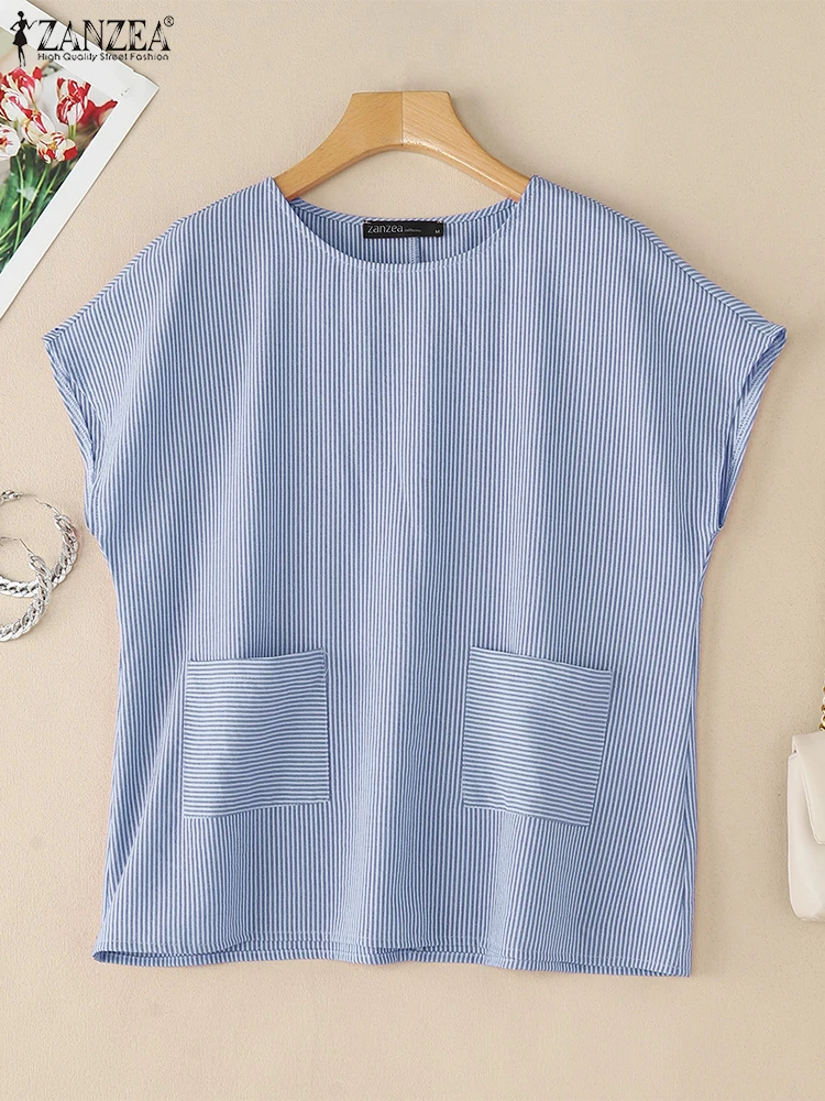 

2025 ZANZEA Women Summer Short Sleeve Striped Blouses Elegant Office Work Shirt Fashion Loose Holiday Blusas Casual O Neck Tops