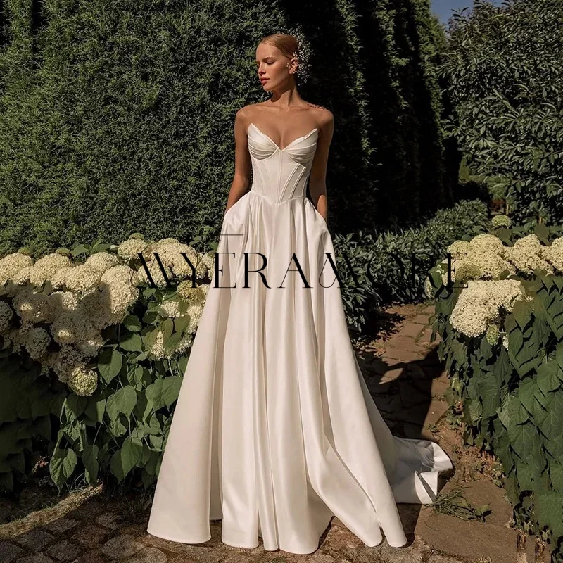 

Elegant A-Line Wedding Dresses Sweetheart Lace UP Floor-Lenght Pleat Bridal Gowns Customized vestidos de novia