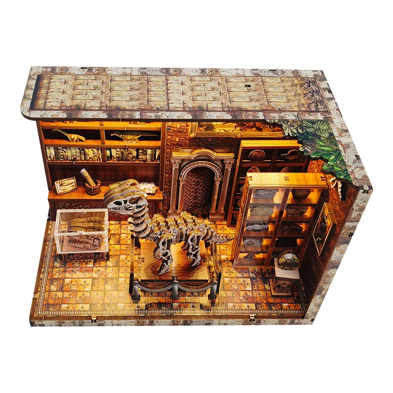 Kit modello in miniatura in legno fai-da-te Istituto di ricerca dei dinosauri Case delle bambole Puzzle 3D Casa delle bambole con mobili per regali di amici