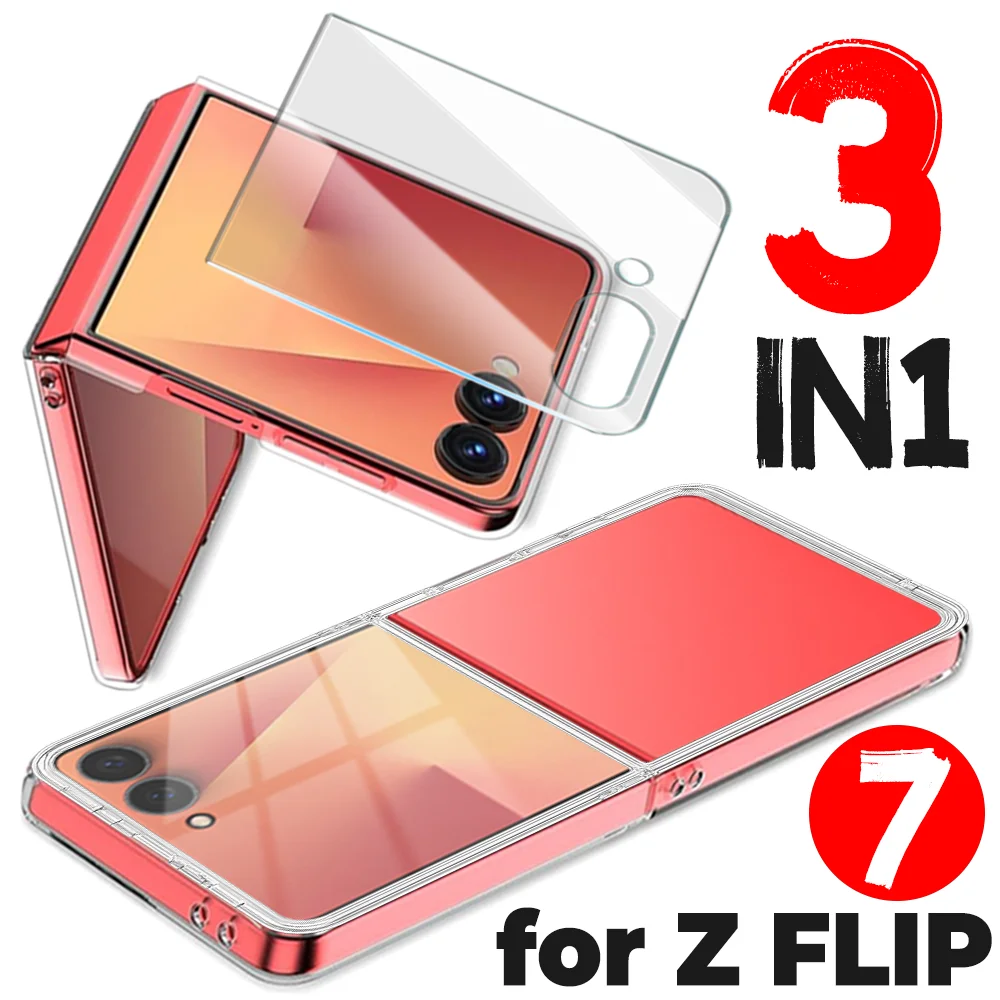 

Case&Film Kits for Samsung Galaxy Z Flip 7 Tempered Glass Screen Protector Transparent Hard PC Phone Case for Samsung Z Flip 7