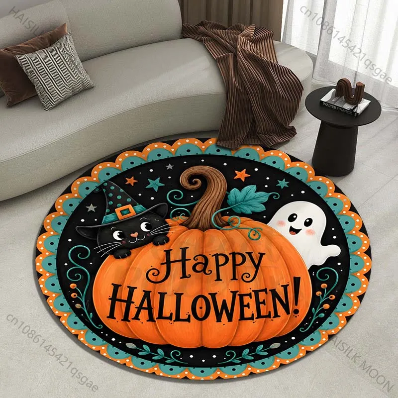 Happy Halloween pumpkin with ghost Printed round carpet living room sofa table large pet mat soft round carpet home decor