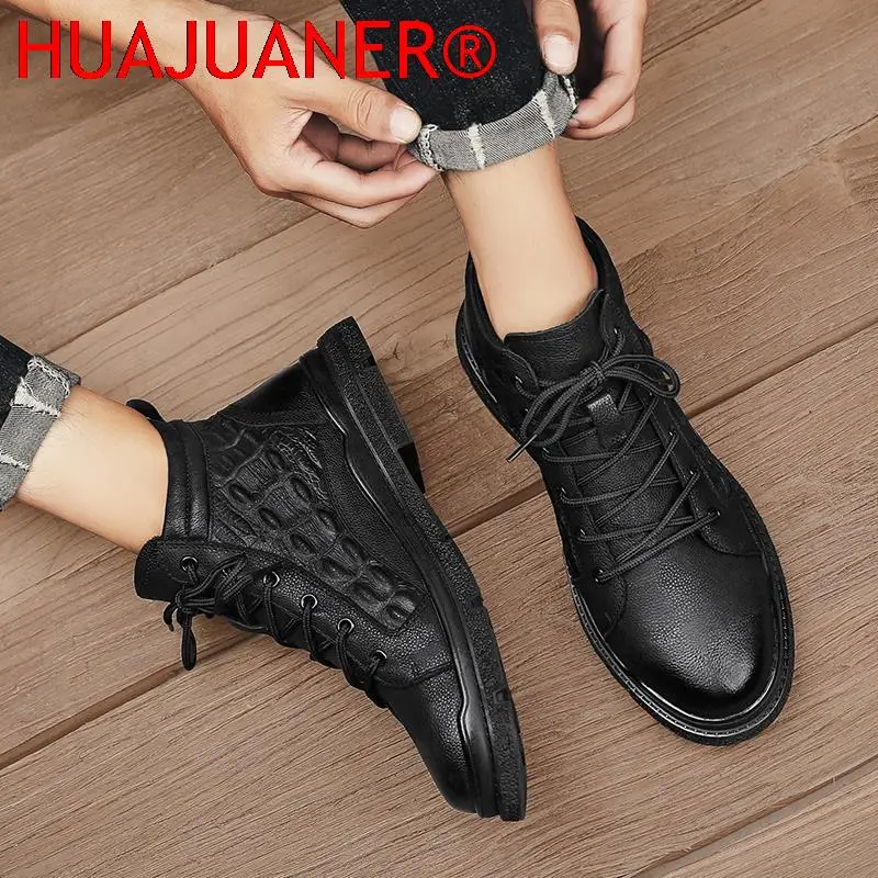 Men Winter Boots Comfy Crocodile Style Snow Boots Fashion Mens Sneakers Shoes Men Lace-up Quality Genuine Leather Fur Men Boots view 6