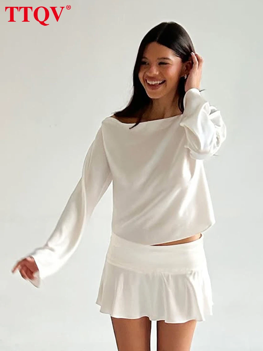 TTQV Fashion Loose White Satin Women's 2-Piece Sets 2027 Casual Long Sleeve Shirt With High Waist Mini Skirt Set Female Clothing