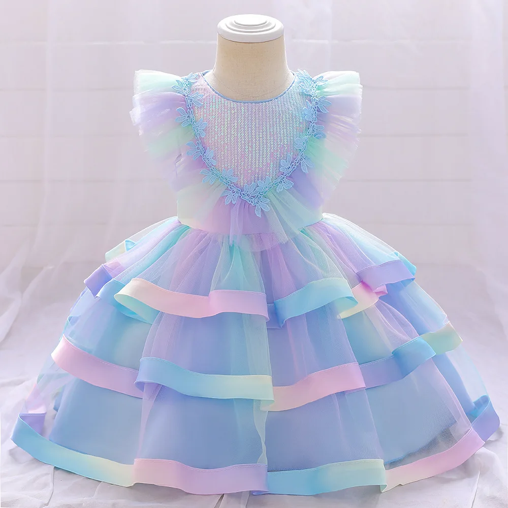 Girls Party Dresses 2 Colors 70cm-90cm Birthday Layered Dress Kids Baby Ball Gown Wedding Performance Costume Colorful