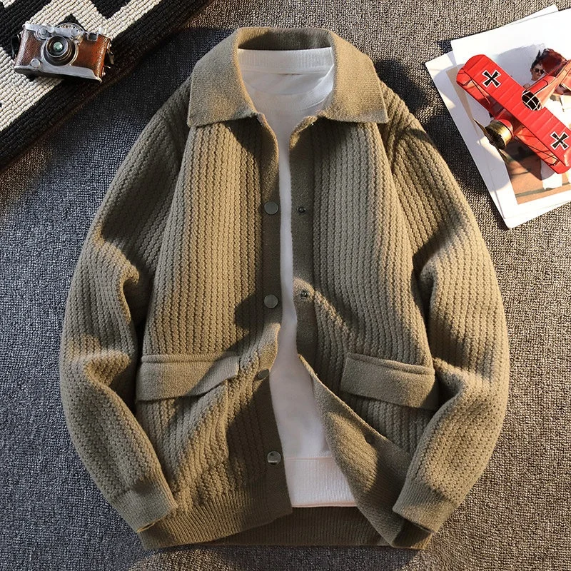 

Высококачественный комфортный утолщенный кардиган на пружинной основе, повседневный модный вязаный свитер с воротником, мужская одежда, дышащий и теплый.