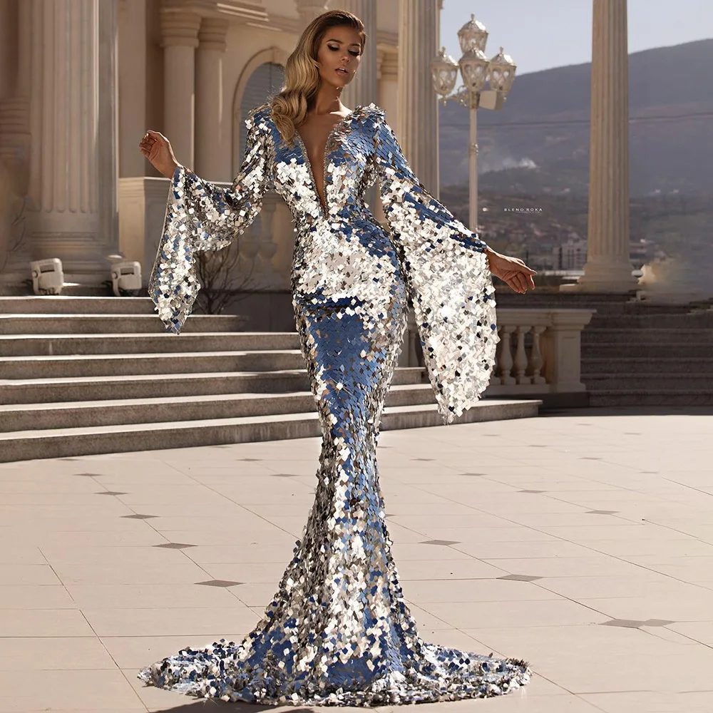 Women's Dress Sexy V-neck Sequinned Dress Silver Figure-hugging Evening Gown Lady Elegant Flared-sleeve Mermaid-style Long Dress view 2
