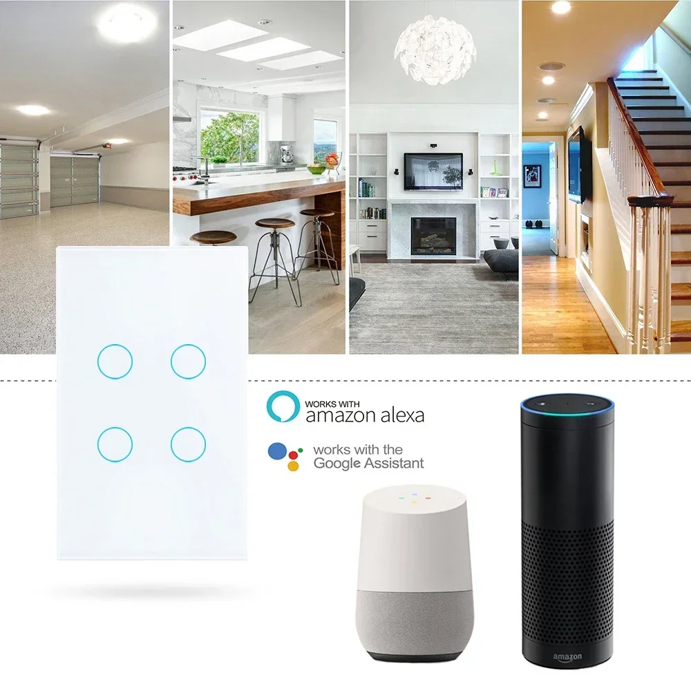 Wifi Smart Light Switch Wall Touch Switch Glass Panel Smartphone Voice Control No Neutral Wire Universal Tuya Alexa Google Home