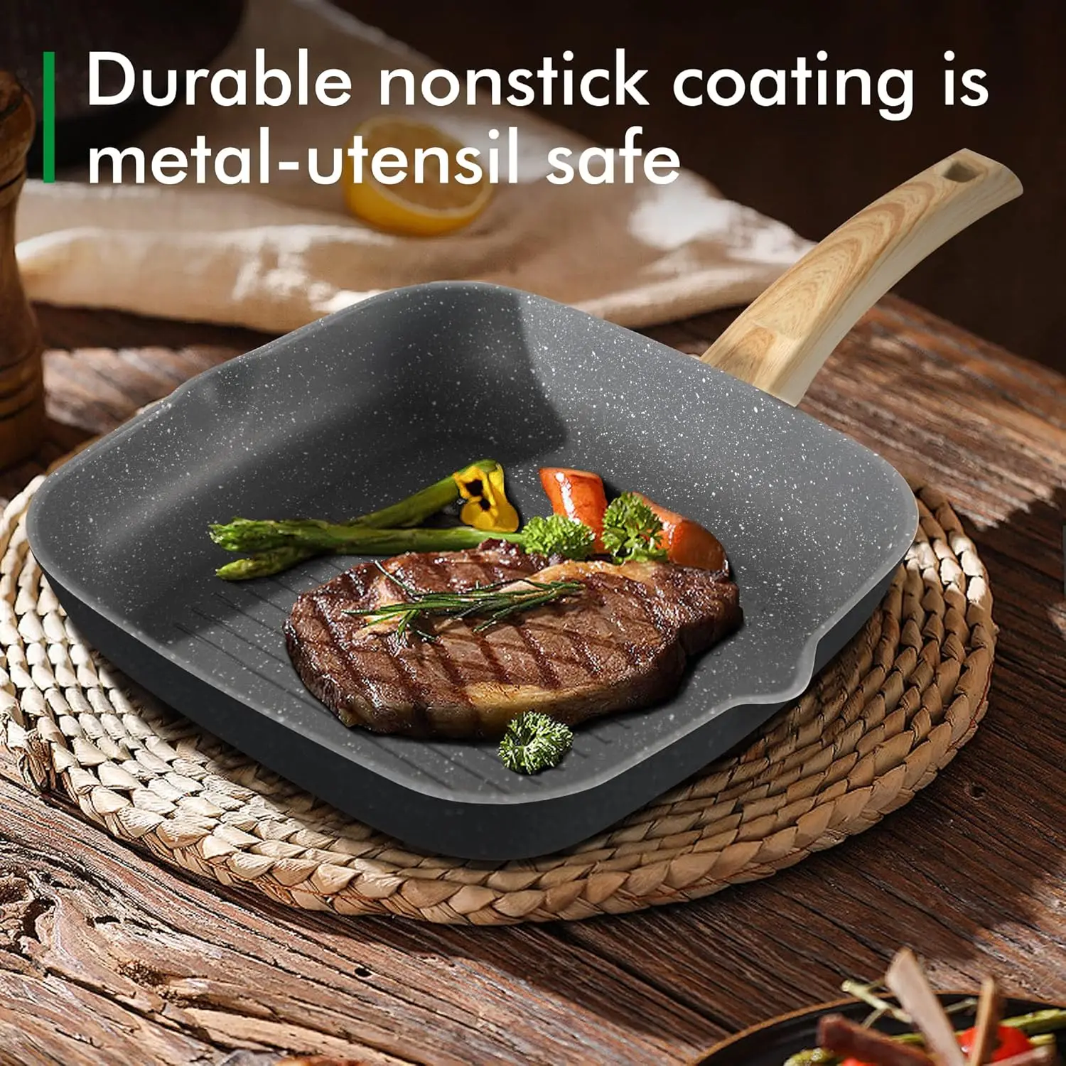 طقم أواني ومقالي مكون من 17 قطعة غير لاصقة، أطقم أواني طهي المطبخ مع طلاء حجر جرانيت غير لاصق، مناسبة لأسطح المطابخ التعريفي