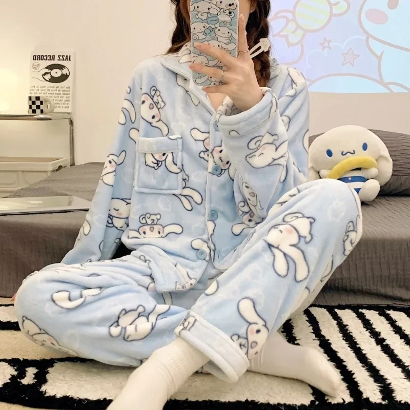 Sanrio Cinnamoroll Kuromi Anime Ladies Flannel Pajamas Cartoon My Melody Pochacco Winter Thickened Warm Loungewear Two-piece Set