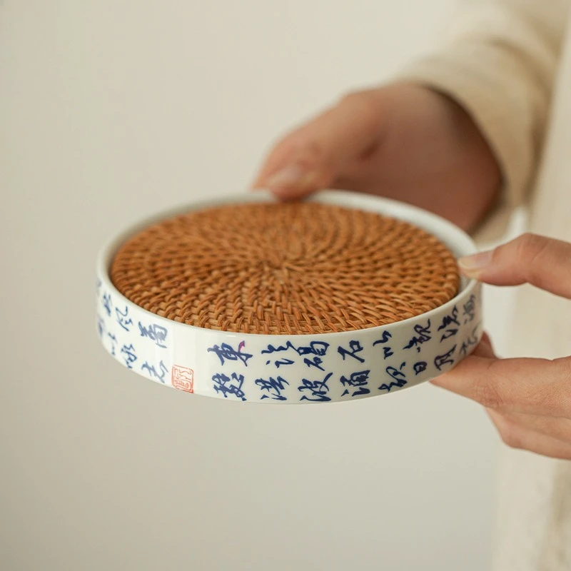 

White Porcelain Tea Tray with Rattan Storage Water Holder Ceramic Tea Set Accessories for Home Use