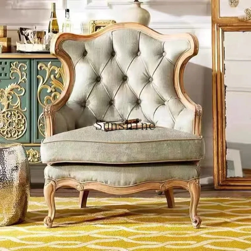 F American country fabric three pull button sofa solid wood carving flower retro old villa sofa