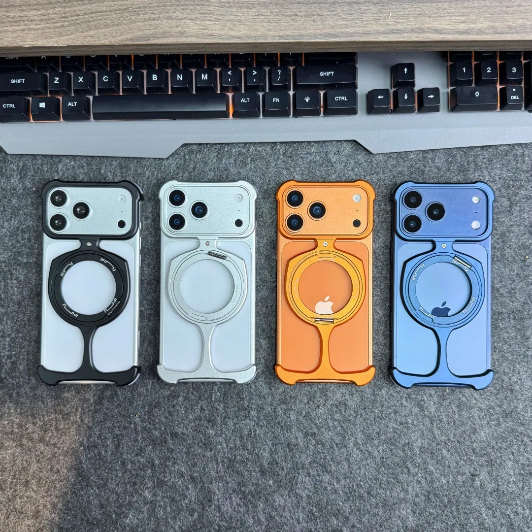 

Frameless Aluminum Alloy Detachable Phone Case for iPhone 17 16 15 14 13 Pro Max with Metal 360 ° Rotating Stand