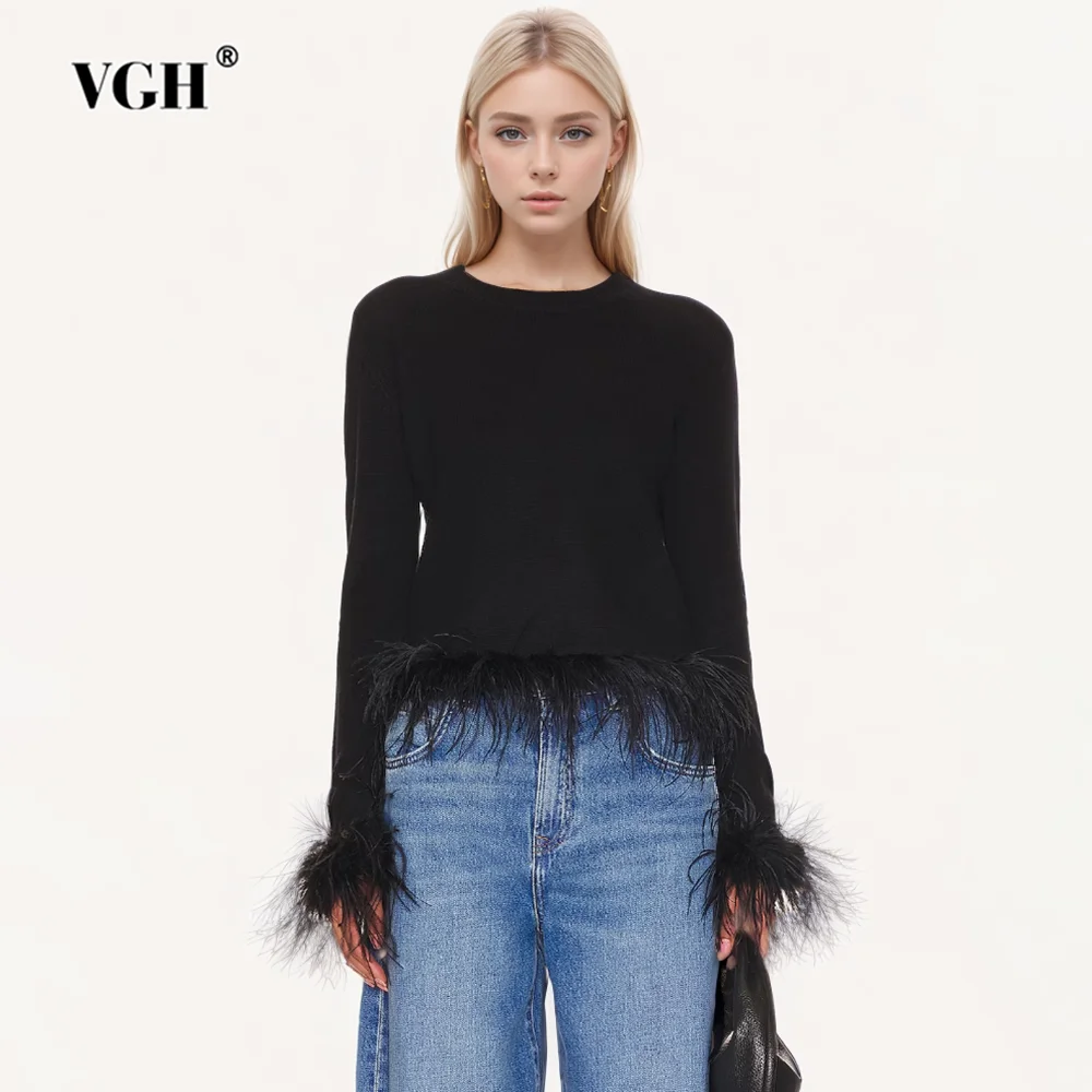 

VGH Solid Patchwork Feathers Casual T Shirts For Women Round Neck Long Sleeve Spliced Zipper Minimalist Slimming T Shirt Female