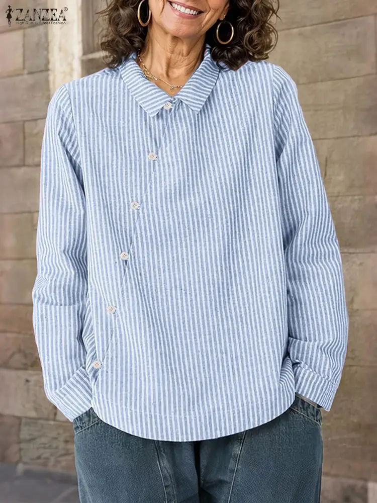 

Fashion Women Lapel Neck Long Sleeve Stripe Blouse ZANZEA Autumn Shirt Elegant Buttons Up Tops Female OL Work Blusas Chemise