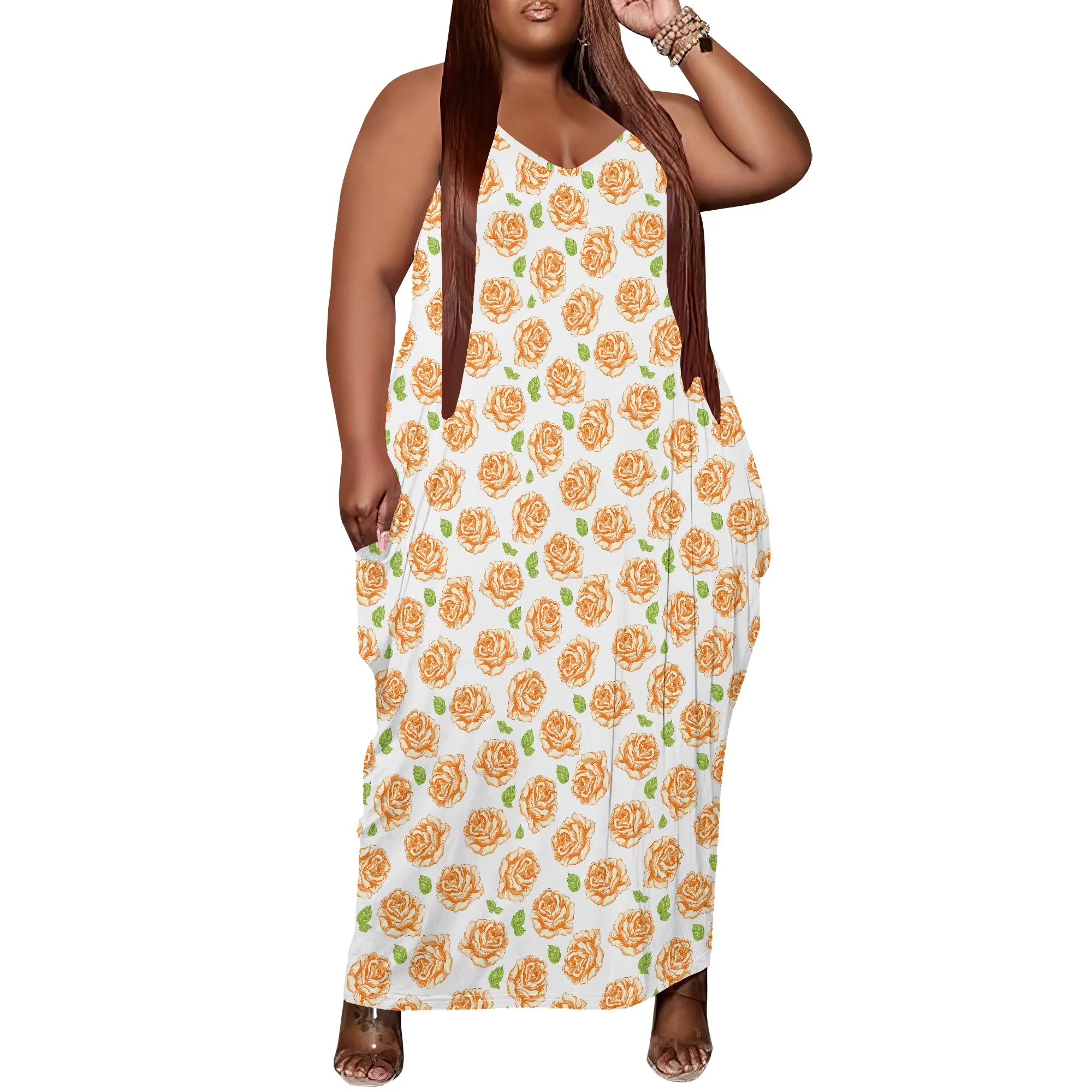 

Women Plus Size Dress Floral Print Loose Halter Long Dress with Pocket Breathable Country XL-6XL