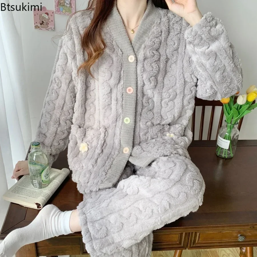 2024 Women\'s Warm Flannel Pajama Sets Autumn Winter Fleece Pajamas Sleepwear Thick Velvet Female Homewear Suit Cute Pijama Sets