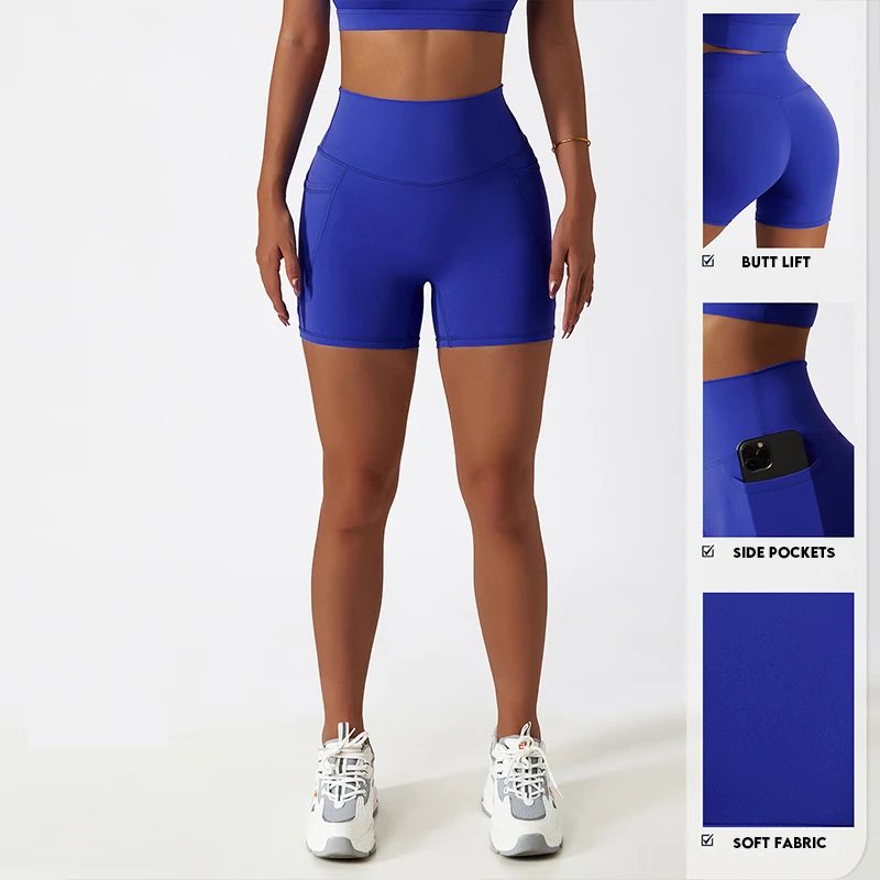 Comfortable Skin Friendly Summer High Waist Yoga Shorts Gym Hip Lift Pants Pocket Breathable Running Cycling Sports Shorts Women