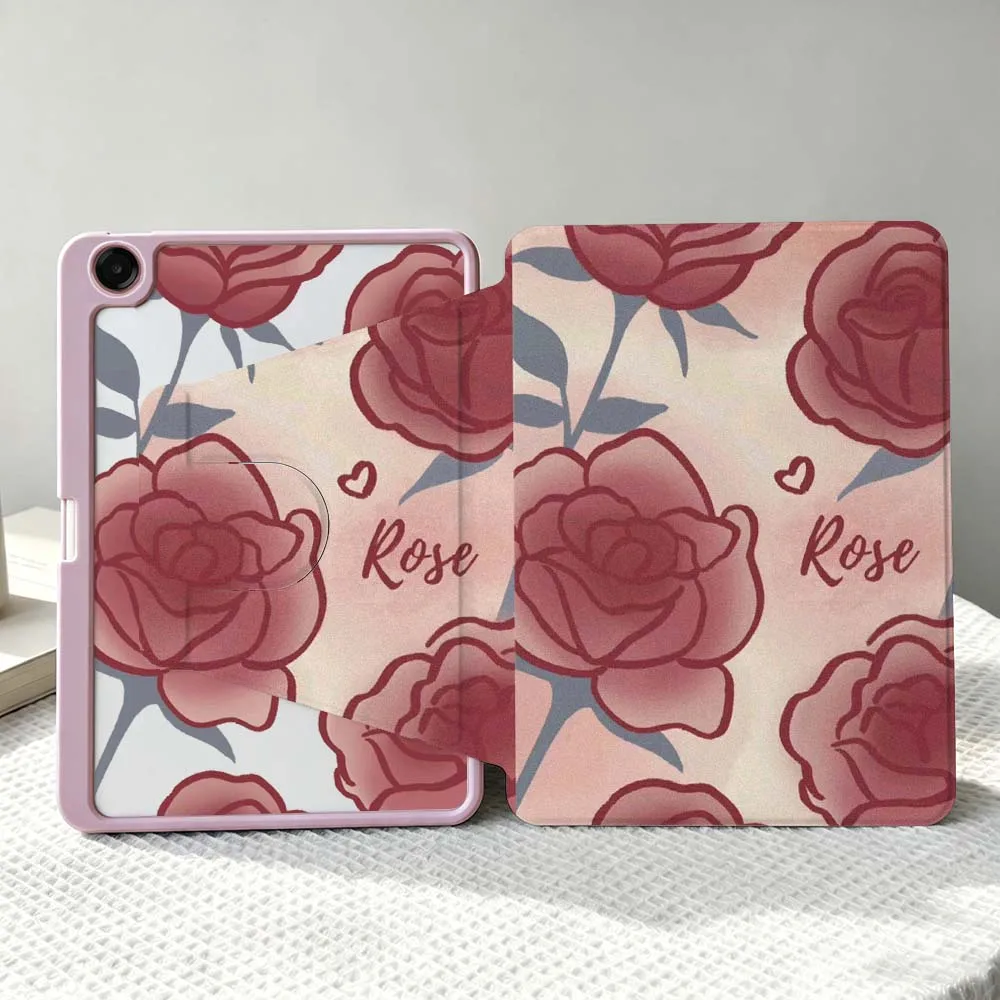 Red Rose Pattern For Samsung Galaxy Tab S11 S10 S9 S8 A11 FE Plus Ultra 360° Rotation Stylus Storage Tablet Case Soft