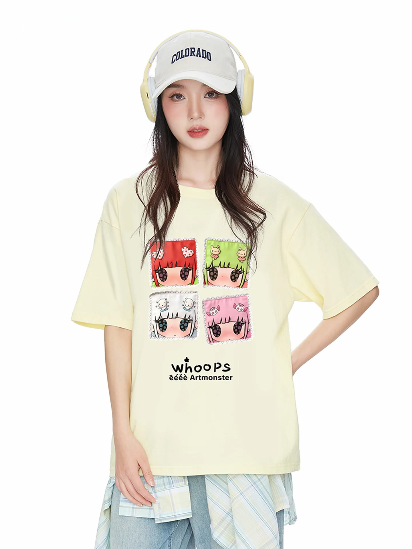 

Женская футболка с коротким рукавом Whoops Dopaamine Graffiti Headprint, новинка 2026 года, весна-лето, модный брендовый топ в стиле INS, повседневная одежда