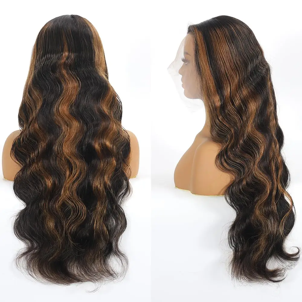 Ombre destaque 1b/30 hd peruca dianteira do laço cabelo humano preto marrom onda do corpo perucas 13*4 renda transparente cabelo brasileiro para mulher