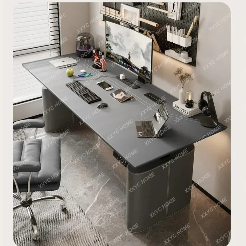 A  Leather surface light luxury computer desk worktable adjustable desk intelligent electric lifting table