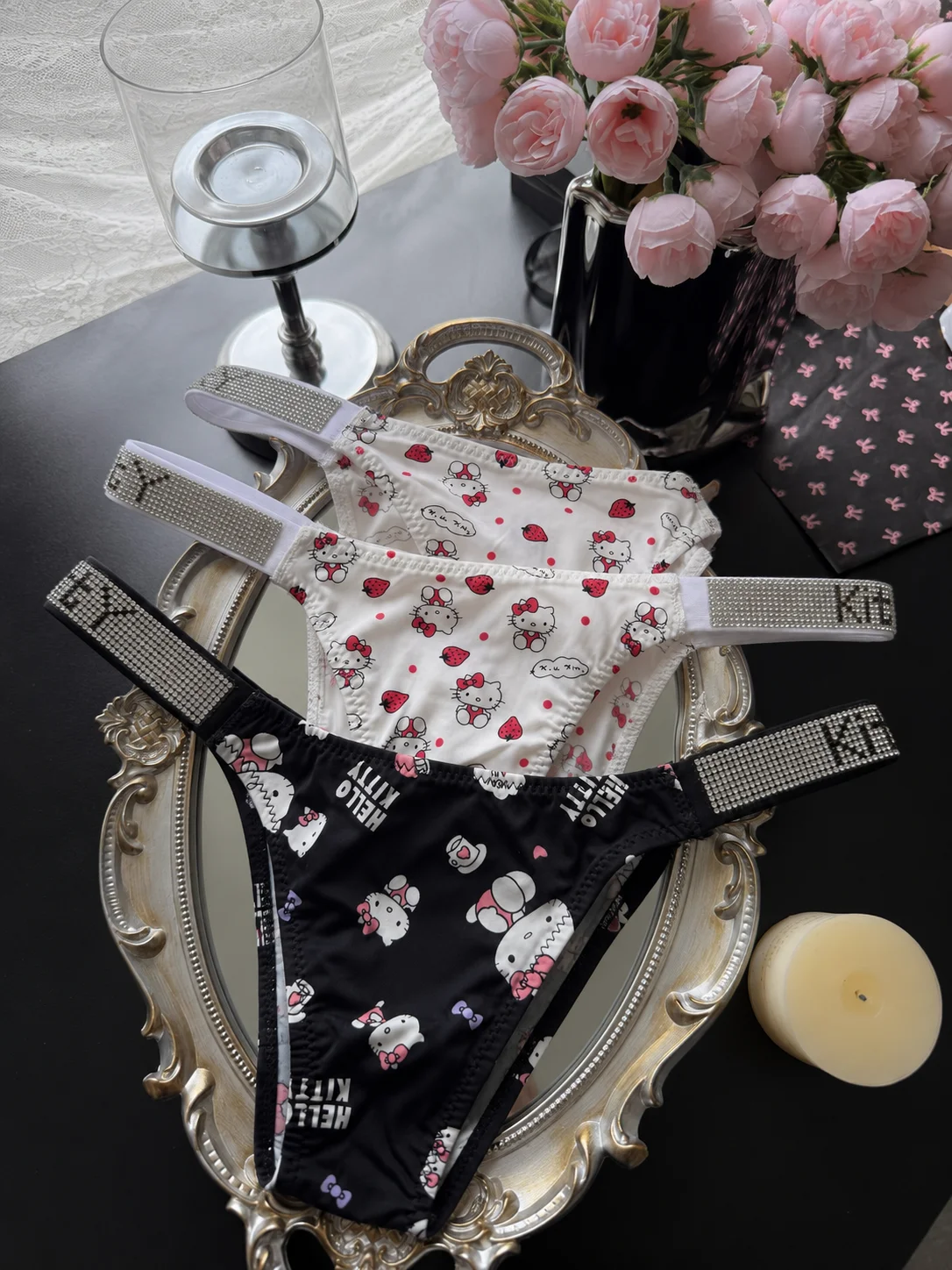 Sanrio HelloKitty Rhinestone BlingBling Strap Low Rise Sexy Triangle Panties Summer Thin Breathable Cotton Hot Girl Intimate Wea - view 4