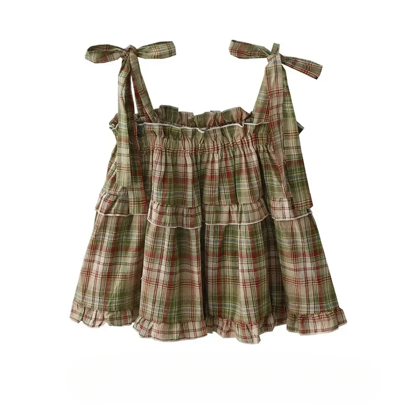 

Y2K Hot Women Summer Japan Vintage Gyaru Tanks & Camis Lace Up Green Crop Top Plaid Strap Sleeveless Tank Tops Clothes