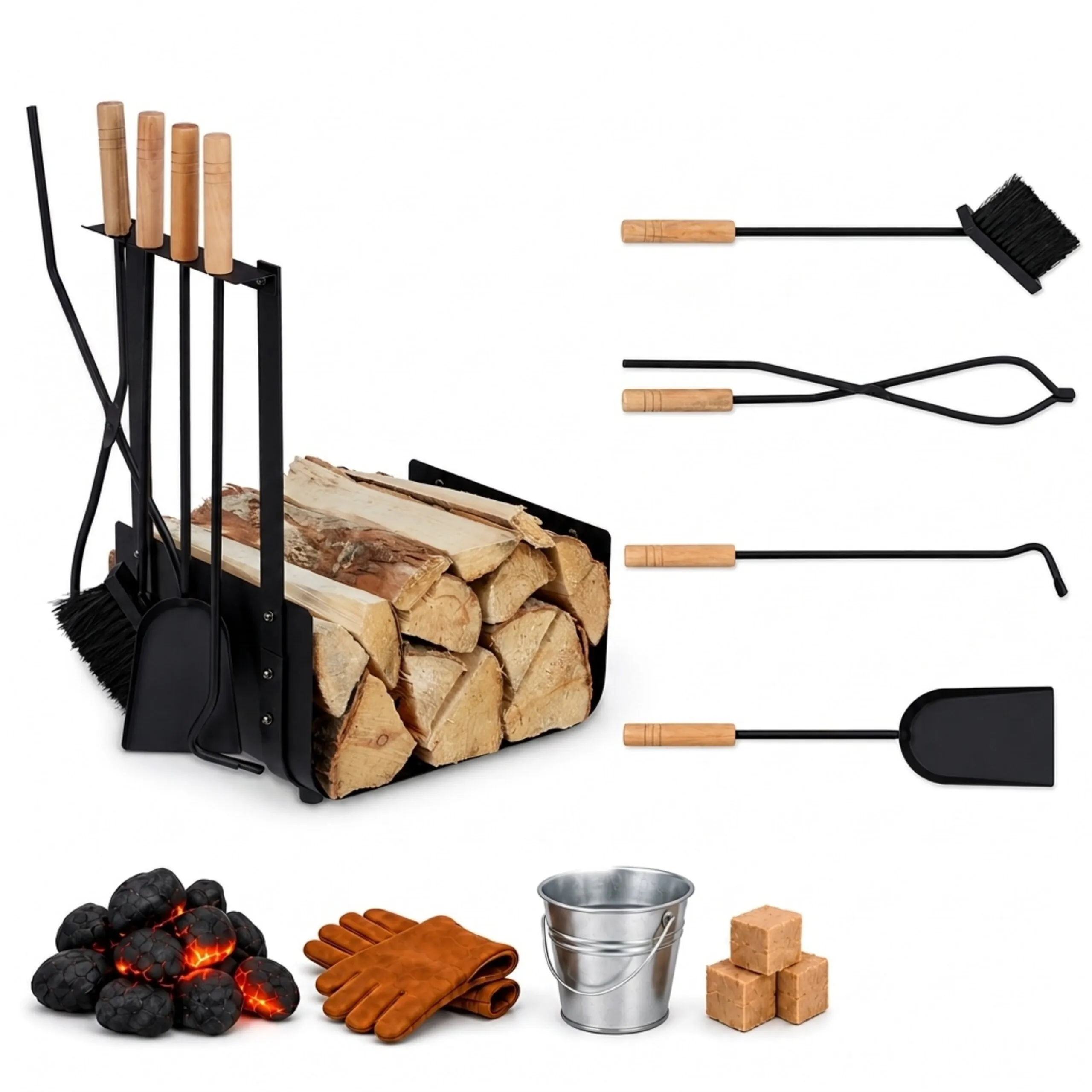 Portalegna, set da 4 pezzi, con paletta, scopa, pinza e attizzatoio, per camini e stufe, acciaio nero, manici in legno, Relaxdays