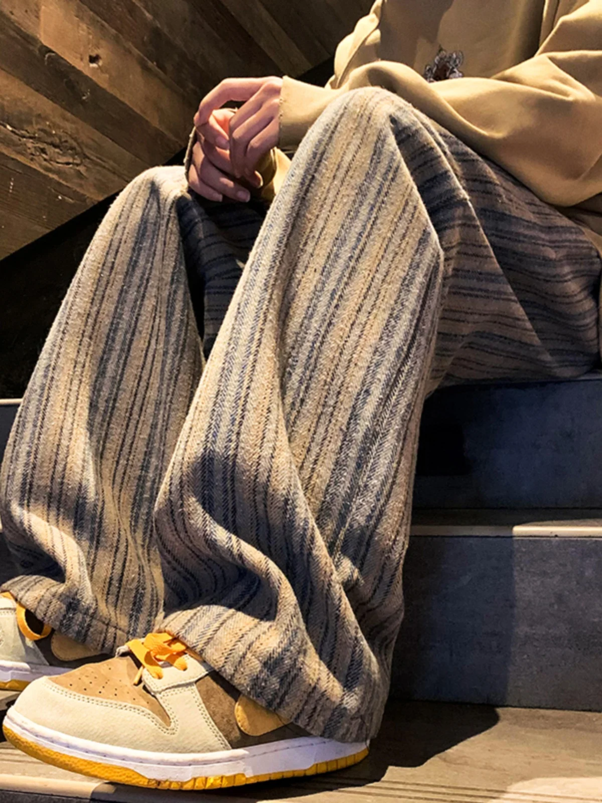 

Мужские шерстяные спортивные брюки: осенние, модные, свободные, широкие, теплые, в полоску, повседневные, дышащие, комфортные