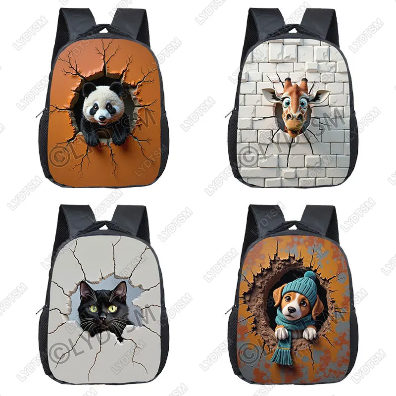12 Inches Cute Animal Breaking The Wall Print Backpack for  2-4 Years Old Cat Dog Panda Kindergarten Toddler School Bags Bookbag