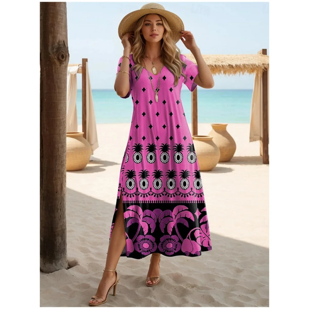 Folk Style Dresses For Women Fashion V-Neck Long Dress Short Sleeve A-Line Skirt Party Slit Dress Summer Holiday Woman Clothing