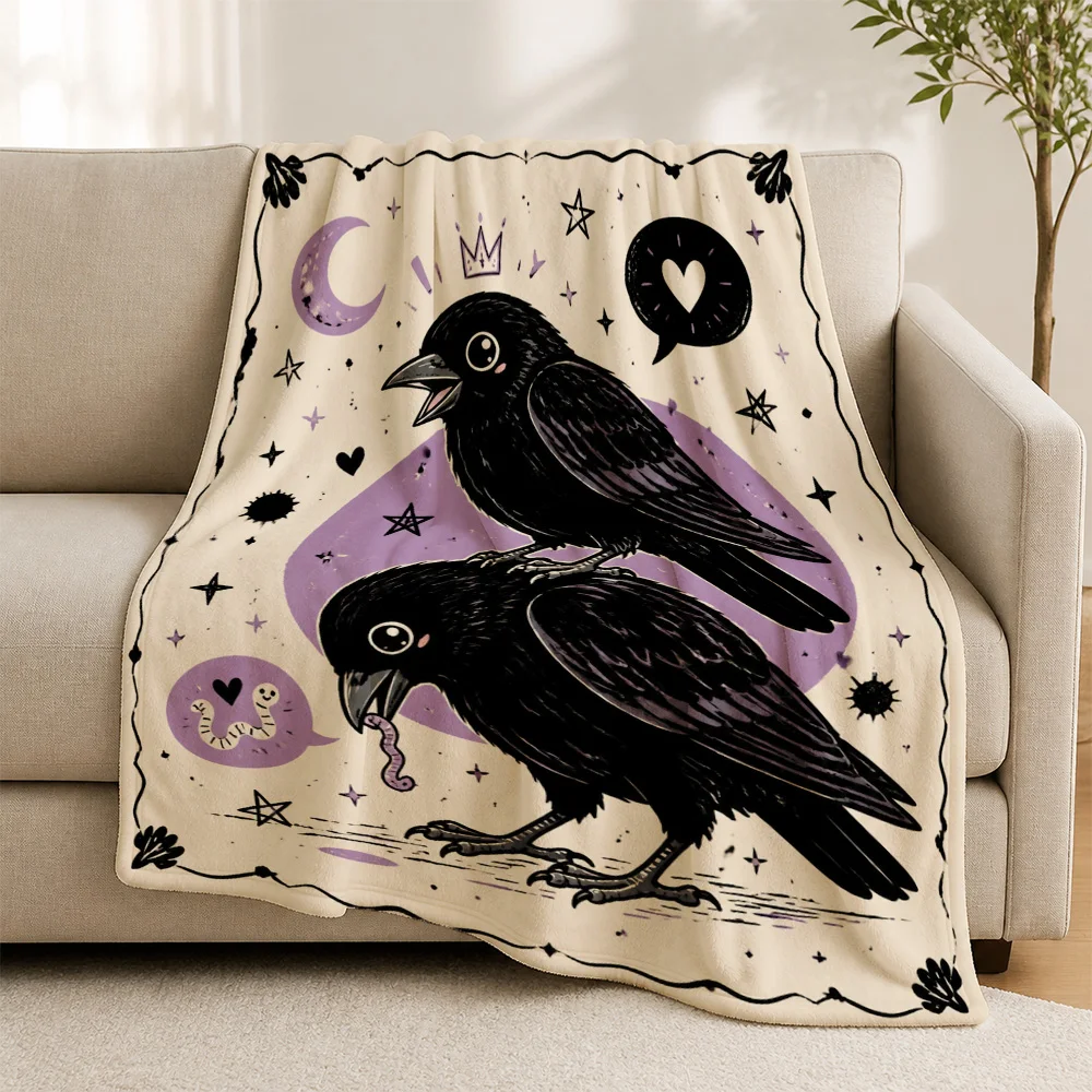 Gothic Witchy Raven Celestial Moon Throw Blanket Dark Academia Sofa Couch Decor Bohemian Style Aesthetic Cozy Occult Magic Gift
