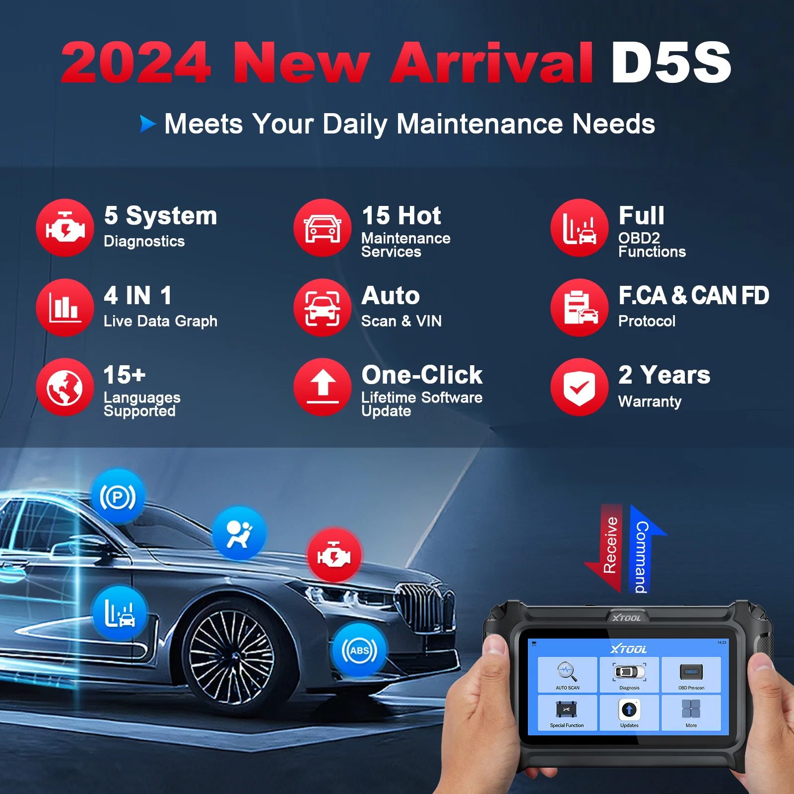 XTOOL D5S OBD2 Professional Auto Diagnostic Tool with15 Reset CAN FD & FCA Diagnostic Scan Tool of PCM/TCM/ABS/SRS/EPB 5 System
