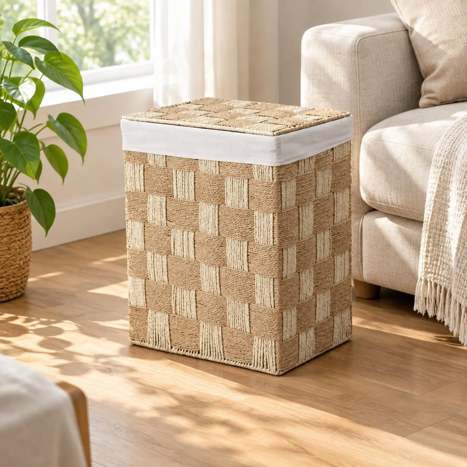 Braided Storage Basket with Lid Multitone Pattern Handwoven Paper Rope for Household Items and Everyday Dust Protection