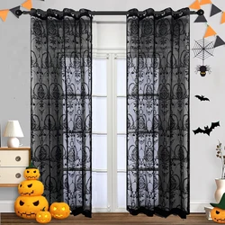 1PC Black Jacquard Lace Tulle Curtains For Living Room,Halloween Black Holiday Bedroom Atmosphere Decoration Sheer Curtains