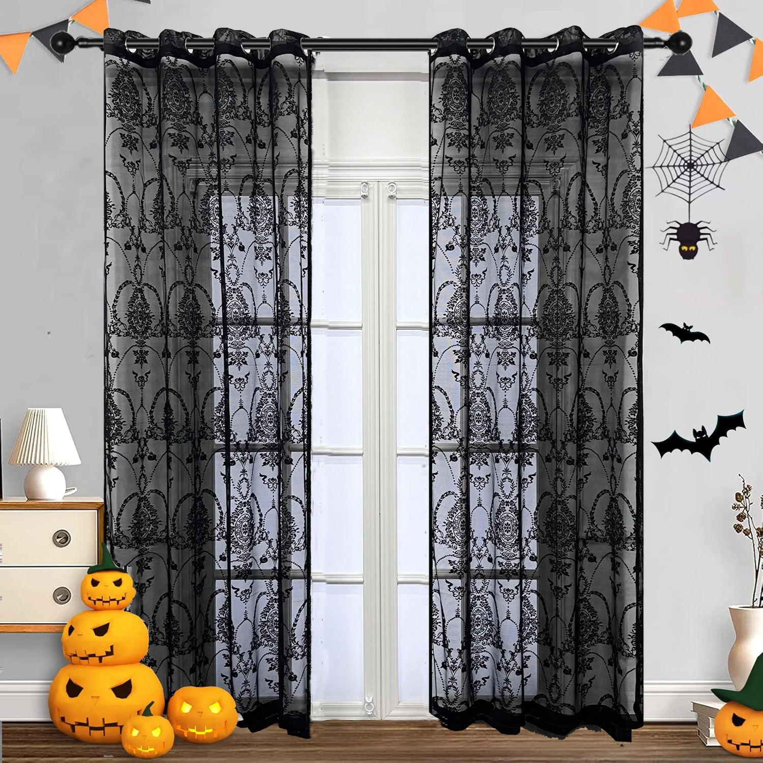 1PC Black Jacquard Lace Tulle Curtains For Living Room,Halloween Black Holiday Bedroom Atmosphere Decoration Sheer Curtains