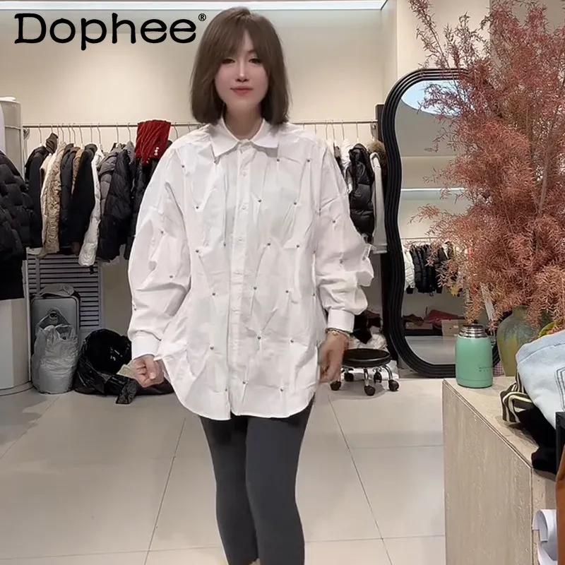 

2026 Spring New Heavy Craft Starry Sky Heavy Craft Rhinestone Long Sleeve Shirt Loose Casual Personality White Women's Shirt