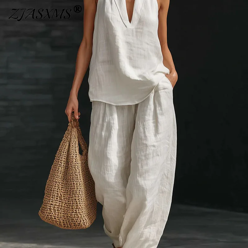 

Весенний ретро-костюм 2026 из хлопка и льна: элегантный топ без рукавов с V-образным вырезом и брюки с широкими штанинами, летний комплект без рукавов