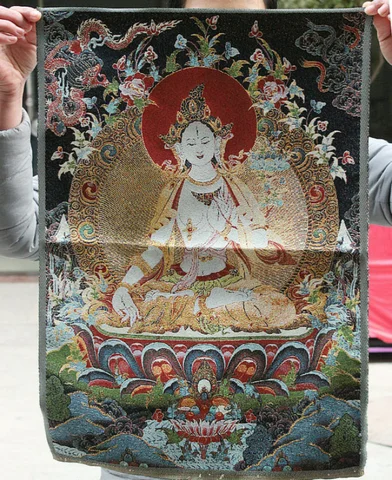 Classic Tibet Buddhism Cloth Silk 7 Eyes White Tara Goddess Buddha Thanka Mural Wall Decoration Hanging Painting