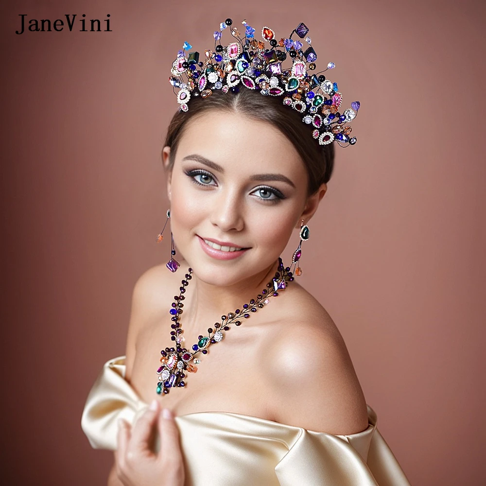 

JaneVini Colorful Baroque Crystal Bridal Headband Wedding Crowns 3 Pieces Hair Accessories Luxury Bride Tiaras Pageant Headwear