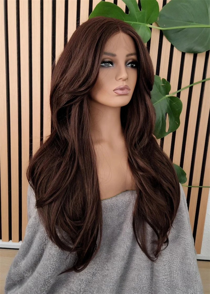 شعر مستعار طويل فضفاض موجة 13x4 أومبير الشوكولاته الداكنة البني يسلط الضوء على الدانتيل شعر مستعار أمامي ألياف صديقة للحرارة امرأة سمراء شعر مستعار موجة طبيعية #3