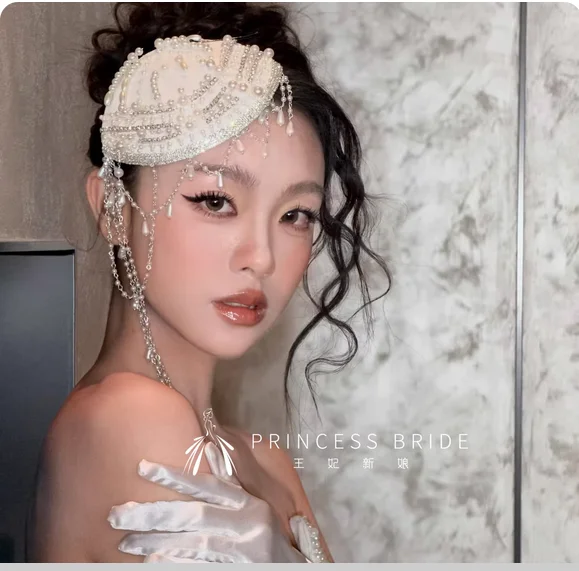 Bride Pearl tassel hat main wedding hat headdress light luxury high sense performance photo catwalk hair accessories
